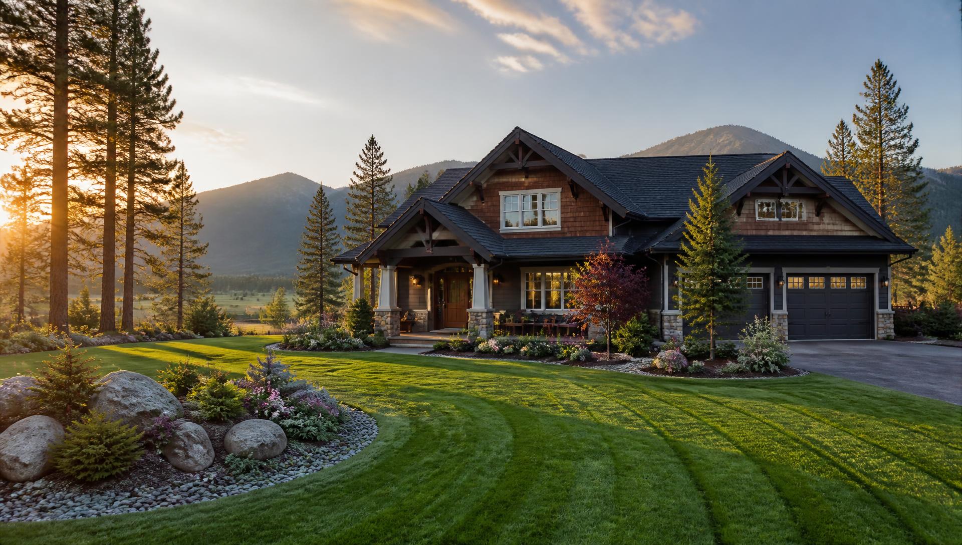 Well-maintained Montana home with manicured lawn and mountain views at golden hour